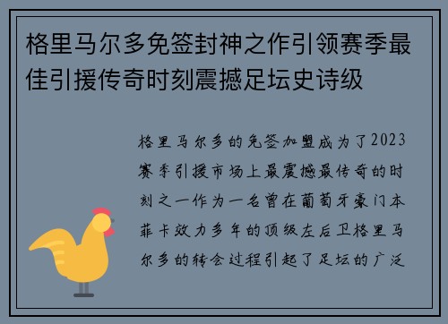 格里马尔多免签封神之作引领赛季最佳引援传奇时刻震撼足坛史诗级